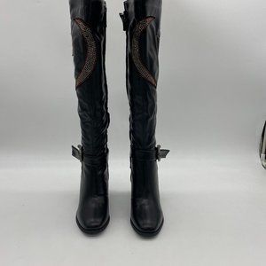 Black Rhinestone Double Buckles Knee High Boots